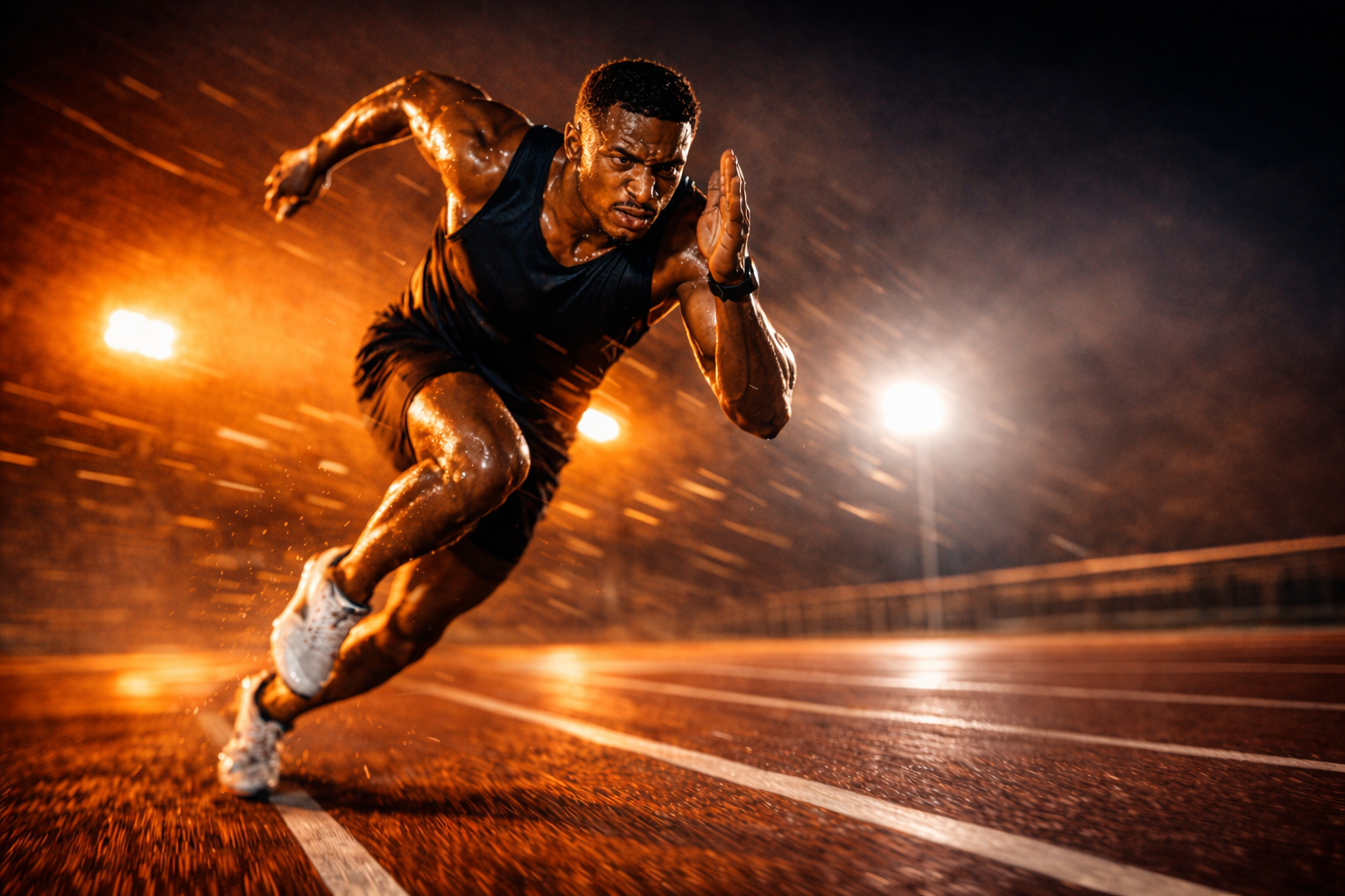 Athlete sprinting at night